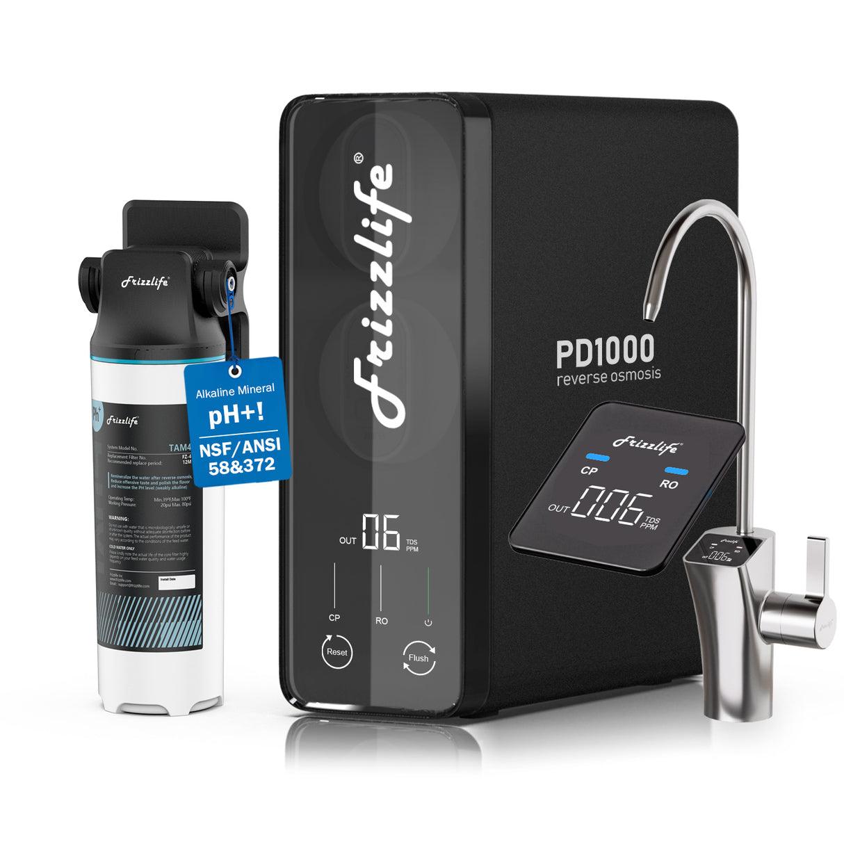 Frizzlife 1000GPD Reverse Osmosis Water Filter, NSF/ASNI 58&372 Standard, Alkaline Mineral pH+ Reverse Osmosis, 9-Stage Filtration Tankless RO, 2:1 Pure to Drain, Under Sink, Smart Faucet, PD1000-N