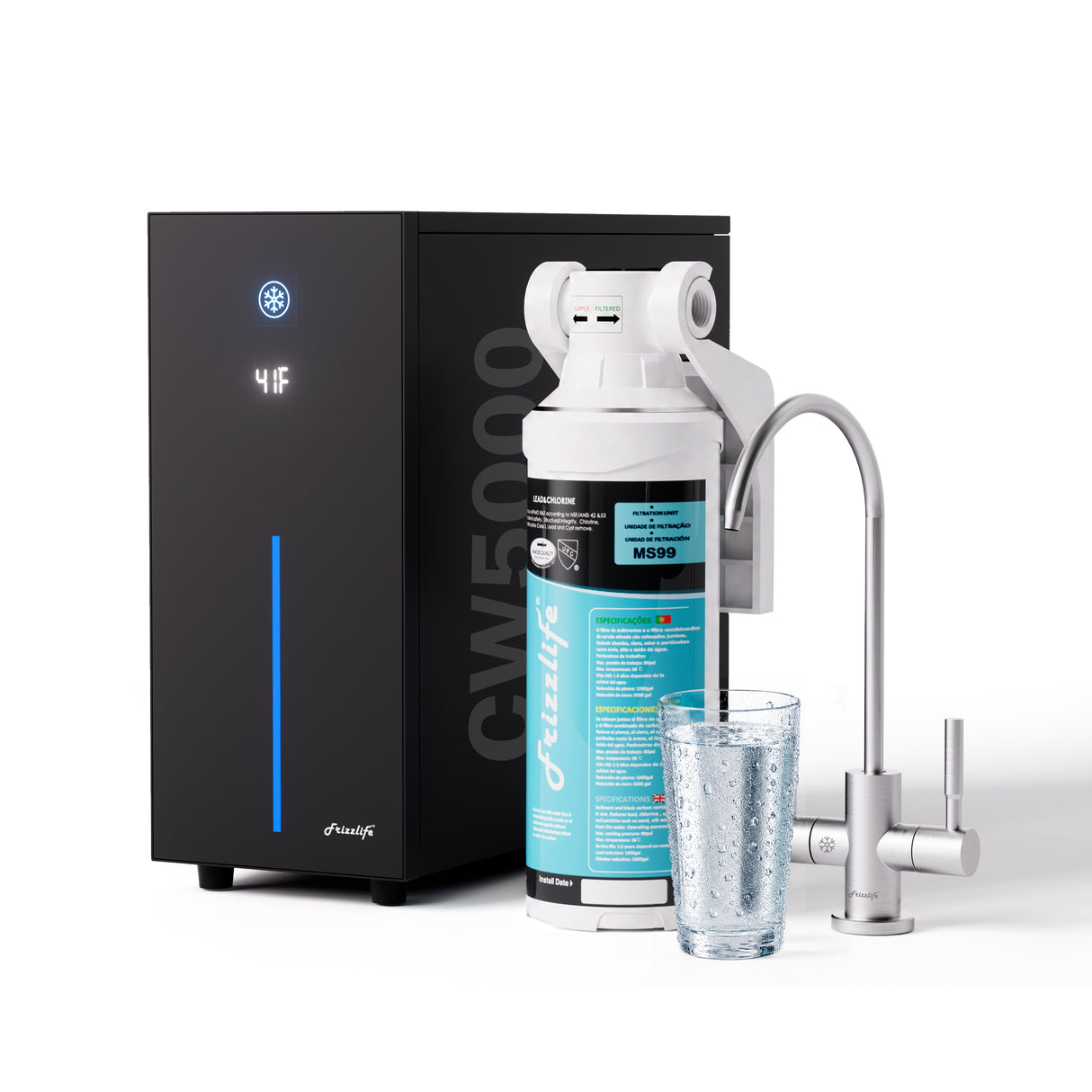 Frizzlife Under Sink Water Chiller with NSF/ANSI 53/42/372 Certified Filter | Instant Chilled & Room Temp Water from One Drinking Faucet, Adjustable Cooling, Superior Filtration, Space Saving Design