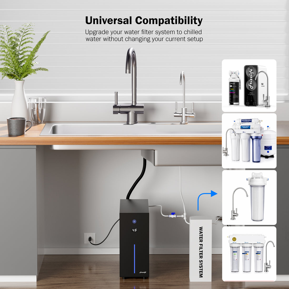 Frizzlife Universal Under Sink Chiller Cooling System for Water Filters | Cold & Room-temp Outlets Faucet, Compatible with Reverse Osmosis System & Under Sink Filter, 1/4” & 3/8” Quick Connect Set-Up