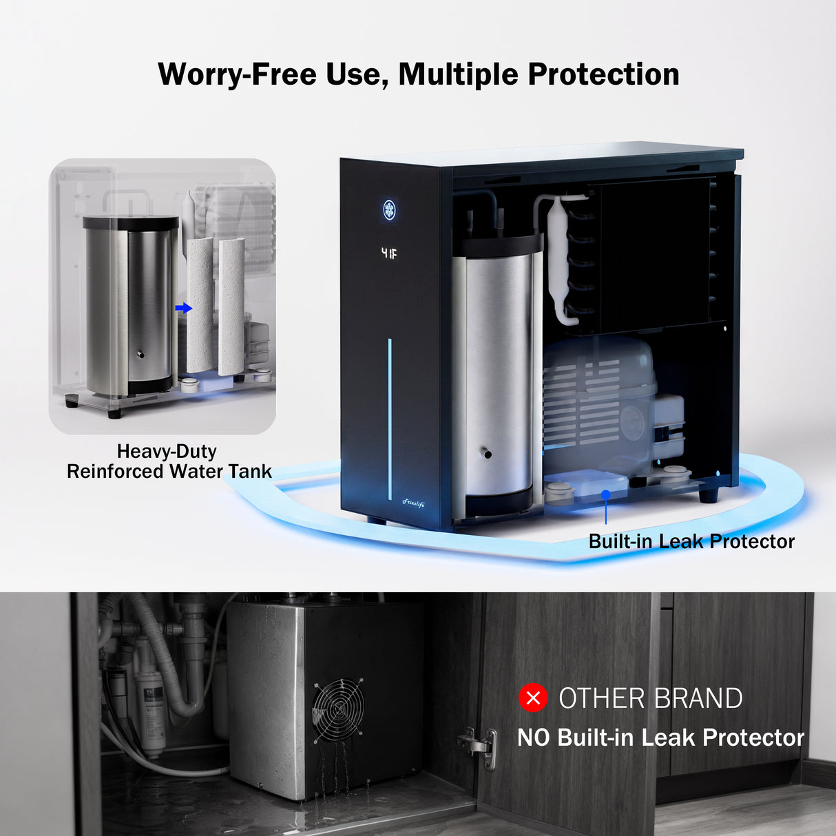 Frizzlife Under Sink Water Chiller with NSF/ANSI 53/42/372 Certified Filter | Instant Chilled & Room Temp Water from One Drinking Faucet, Adjustable Cooling, Superior Filtration, Space Saving Design