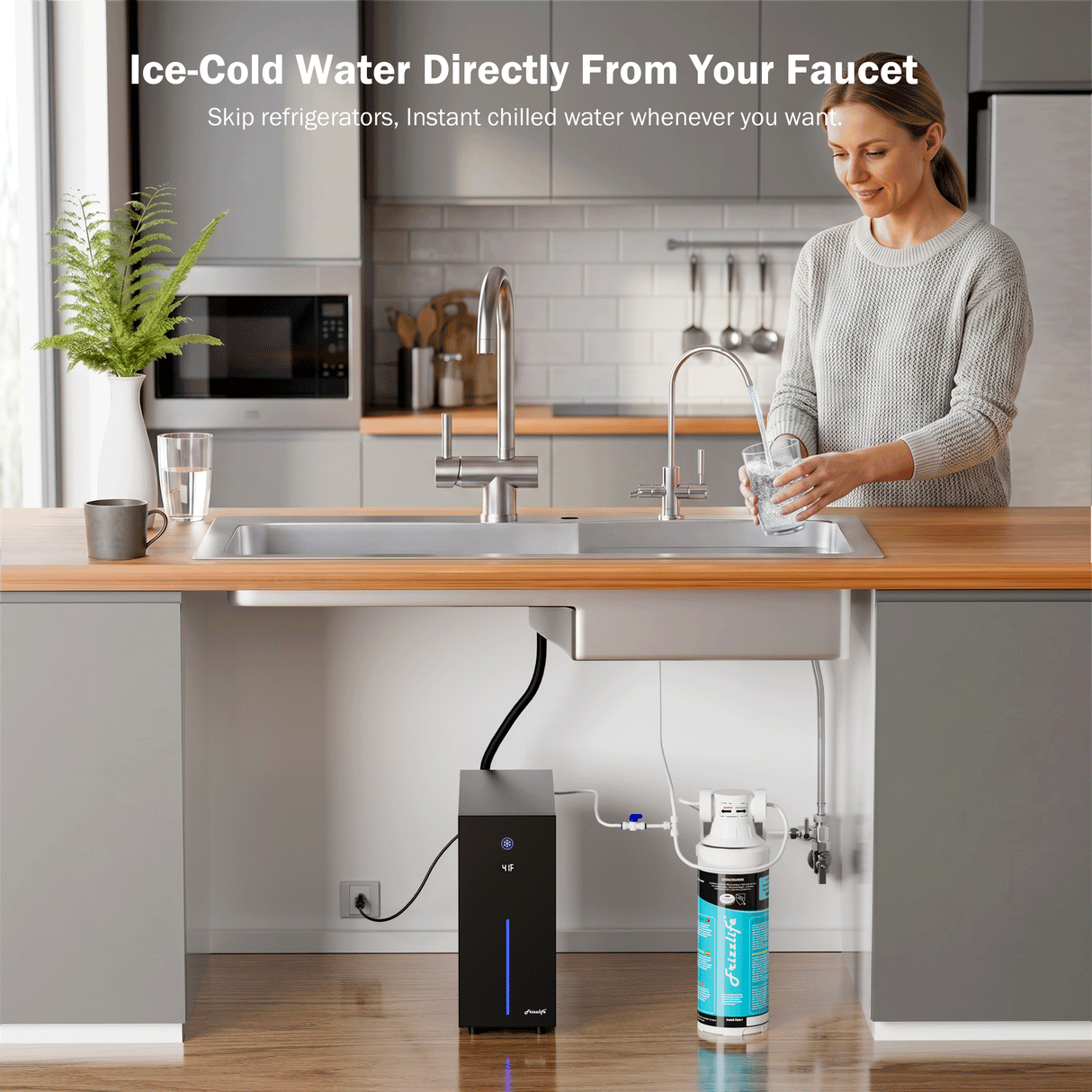 Frizzlife Under Sink Water Chiller with NSF/ANSI 53/42/372 Certified Filter | Instant Chilled & Room Temp Water from One Drinking Faucet, Adjustable Cooling, Superior Filtration, Space Saving Design