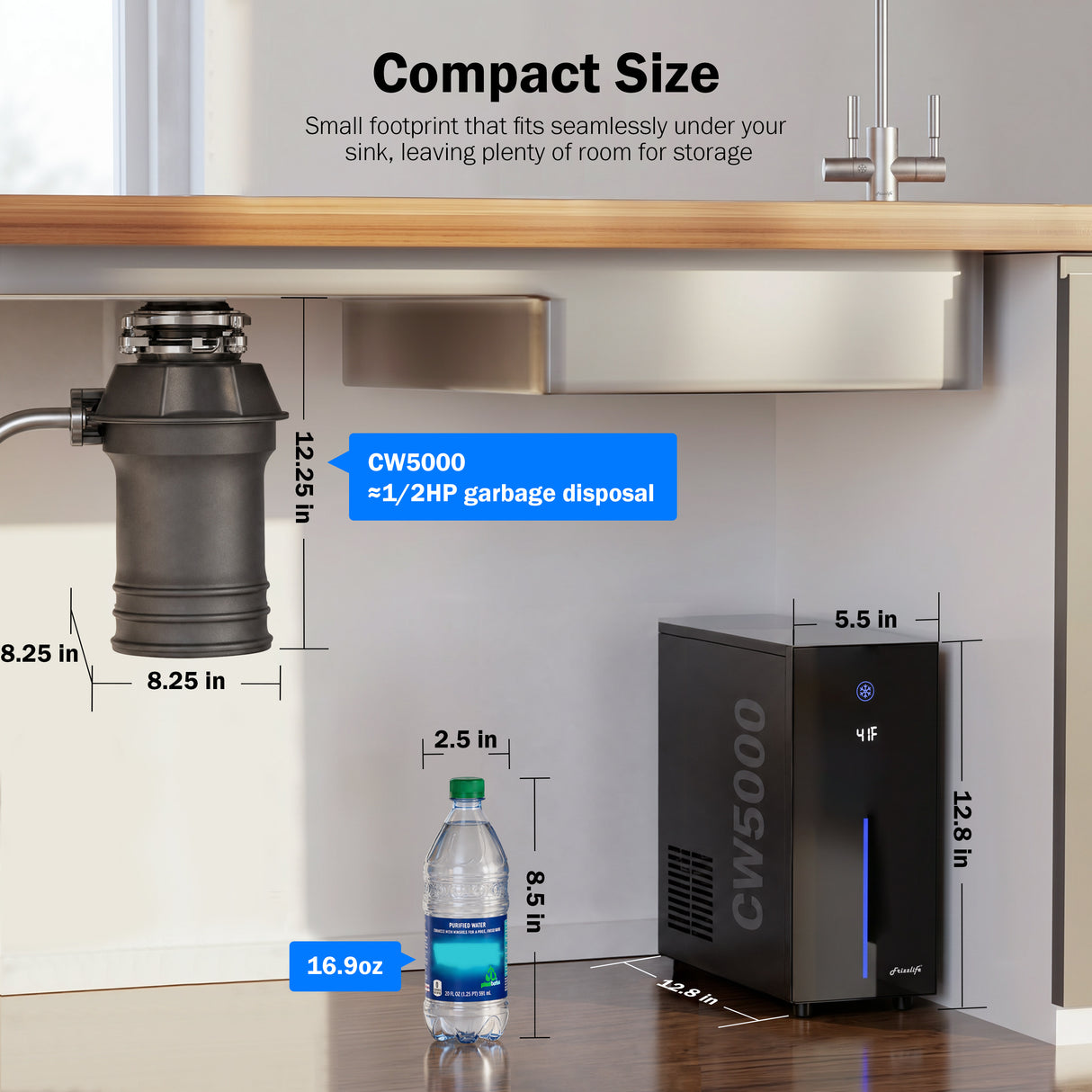 Frizzlife Universal Under Sink Chiller Cooling System for Water Filters | Cold & Room-temp Outlets Faucet, Compatible with Reverse Osmosis System & Under Sink Filter, 1/4” & 3/8” Quick Connect Set-Up