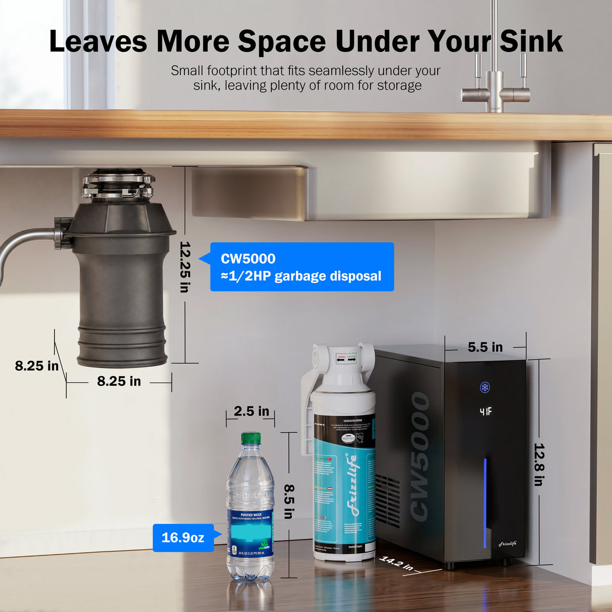 Frizzlife Under Sink Water Chiller with NSF/ANSI 53/42/372 Certified Filter | Instant Chilled & Room Temp Water from One Drinking Faucet, Adjustable Cooling, Superior Filtration, Space Saving Design
