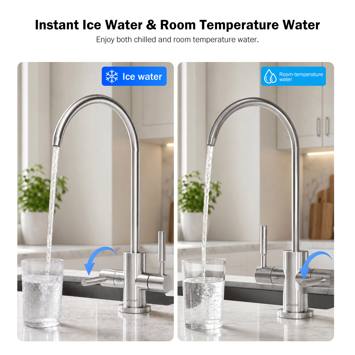 Frizzlife Under Sink Water Chiller with NSF/ANSI 53/42/372 Certified Filter | Instant Chilled & Room Temp Water from One Drinking Faucet, Adjustable Cooling, Superior Filtration, Space Saving Design