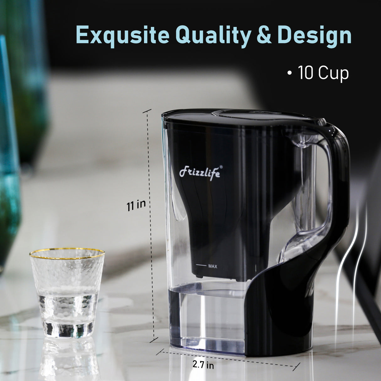 Frizzlife FP40 Water Filter Pitcher, Large 10 Cup purifier System with Filter Life Remind