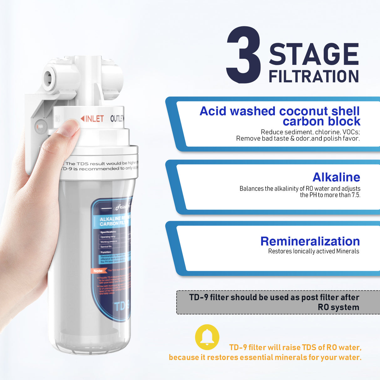 Frizzlife TD-9 Remineralización alcalina debajo del filtro de agua en línea del fregadero - Filtro posterior para sistema de ósmosis inversa RO