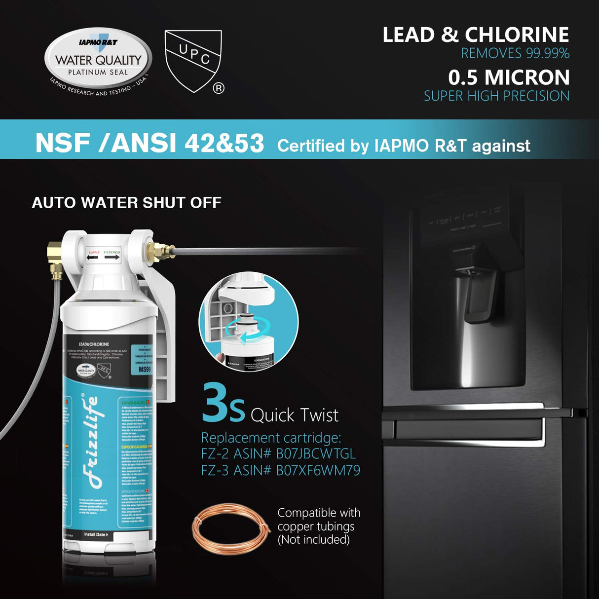 Frizzlife Inline Water Filter System for Refrigerator, Ice Maker, Unde