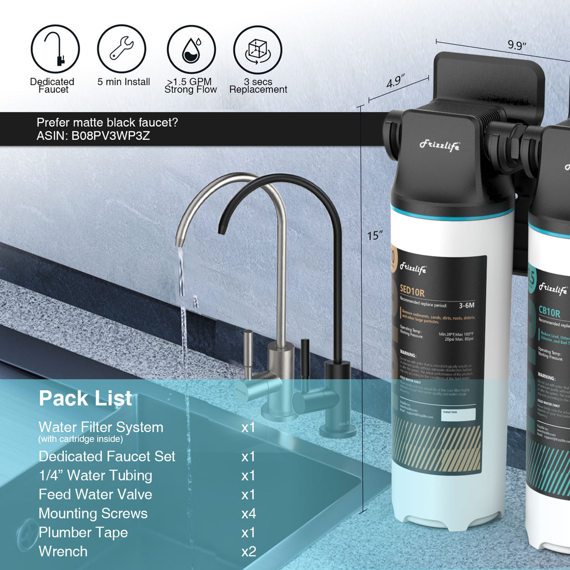 Frizzlife DW10F Under Sink Water Filter System with Brushed Nickel Fau