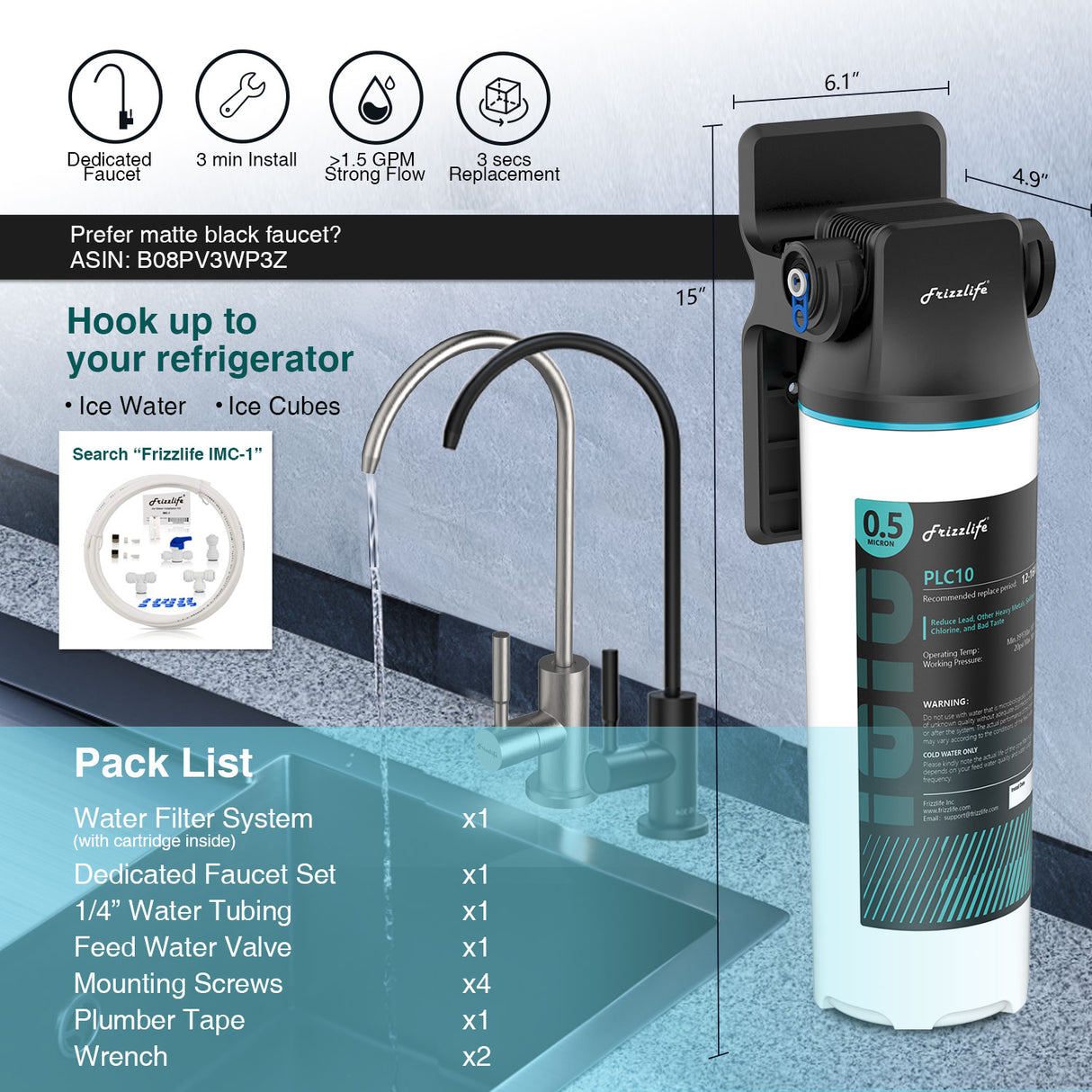 Frizzlife SW10F/SW15F/SW20F Direct Connect Under Sink Water Filter System, Reduces 99.99% Lead, Chlorine, Bad Taste & Odor