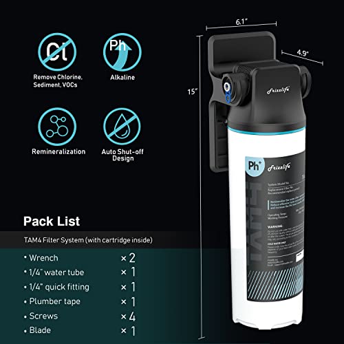 Frizzlife TAM4 Under Sink Inline Water Filter - Alkaline PH+ Remineralization, NSF/ANSI 42 Certified, Adjust Taste & PH, Restore Essential Minerals, 1/4" Pipe Fits for Reverse Osmosis Systems