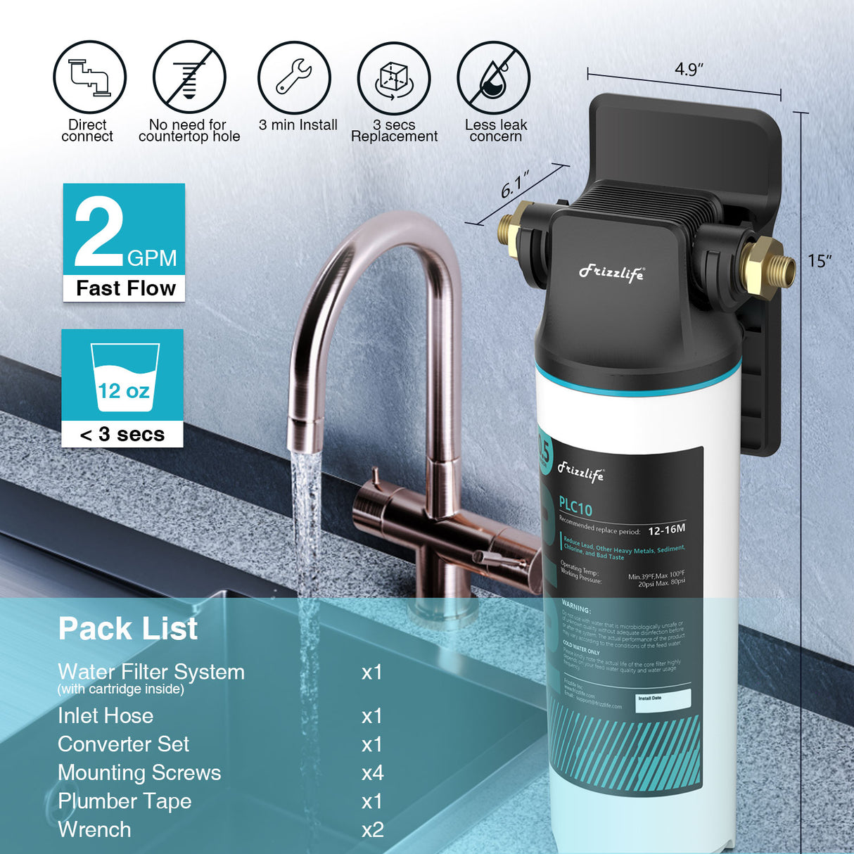 Frizzlife SW10 Système de filtre à eau à connexion directe sous l'évier, réduit 99,99 % du plomb, du chlore, du mauvais goût et des odeurs