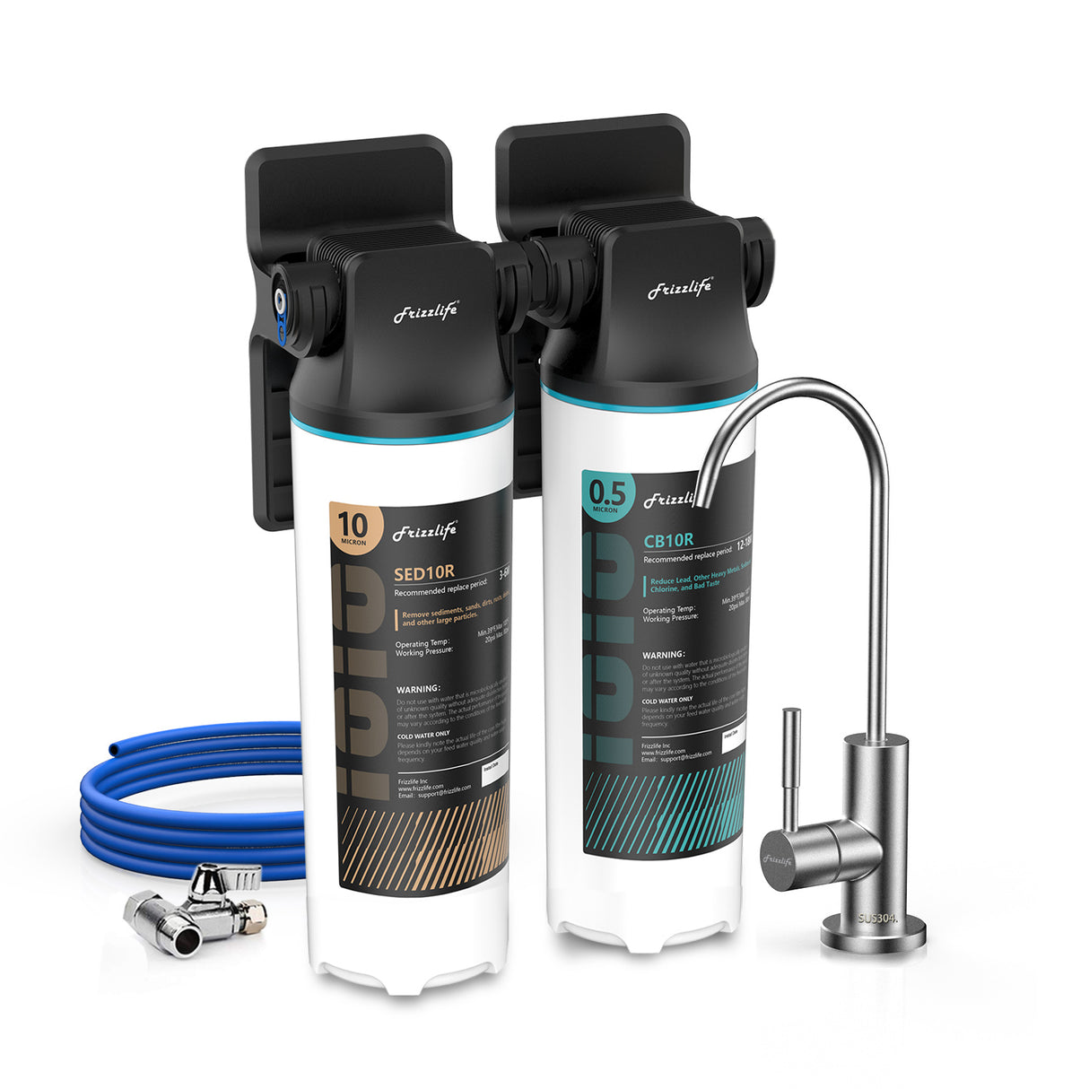 Frizzlife DW10F/DW15F Under Sink Water Filter System with Brushed Nickel Faucet, NSF/ANSI 53&42 Certified Elements