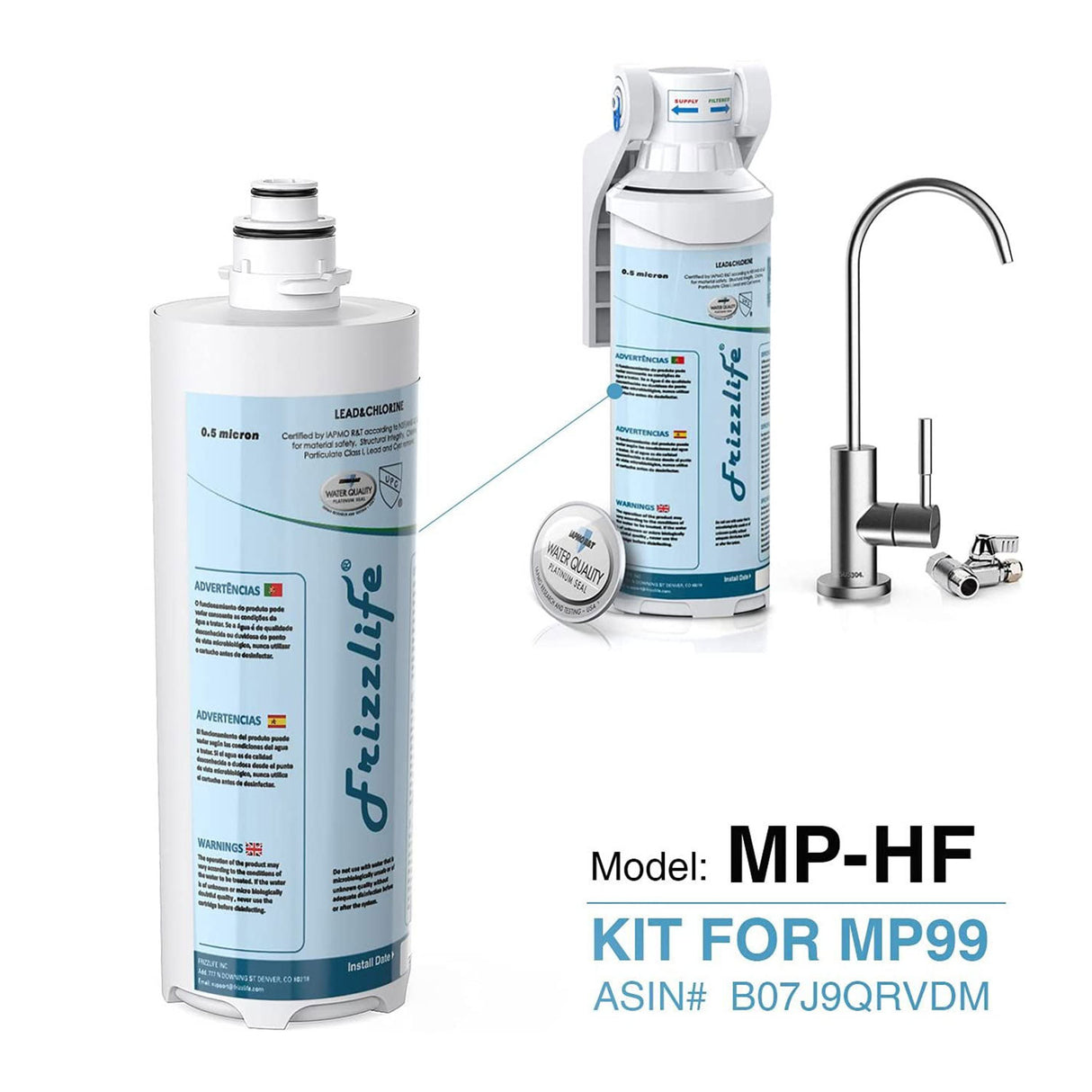 Frizzlife MP-HF Kit de cartouche filtrante de rechange pour MP99 – Comprend une cartouche filtrante et un boîtier de filtre