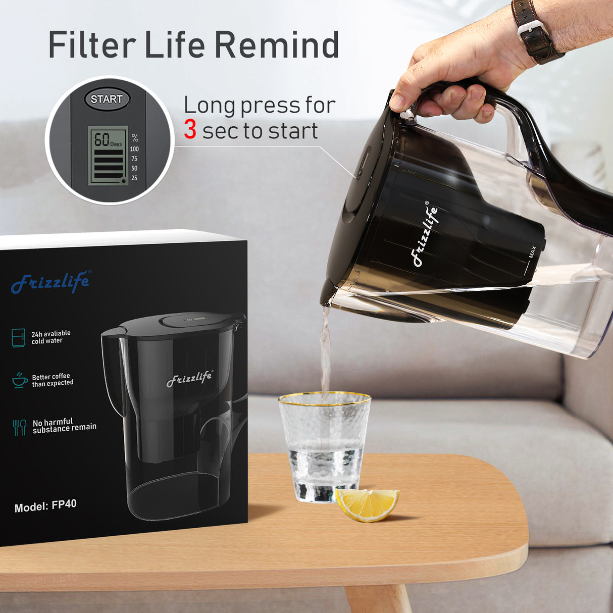 Frizzlife FP40 Wasserfilterkrug, großes 10-Tassen-Reinigungssystem mit Filterlebensdauer-Erinnerung